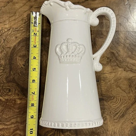 White Ceramic Crown Pitcher Vase Vintage Style Farmhouse Cottagecore Décor - Picture 6 of 7